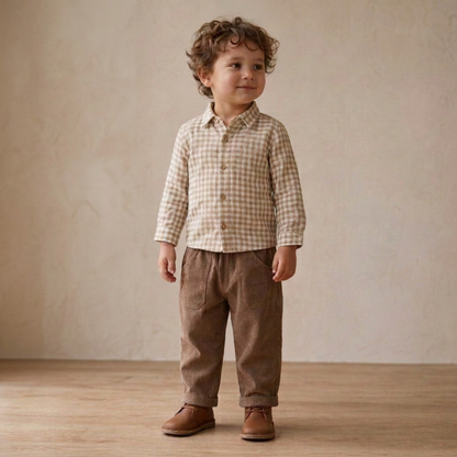 Organic Collared Long Sleeve Shirt - Oat Gingham