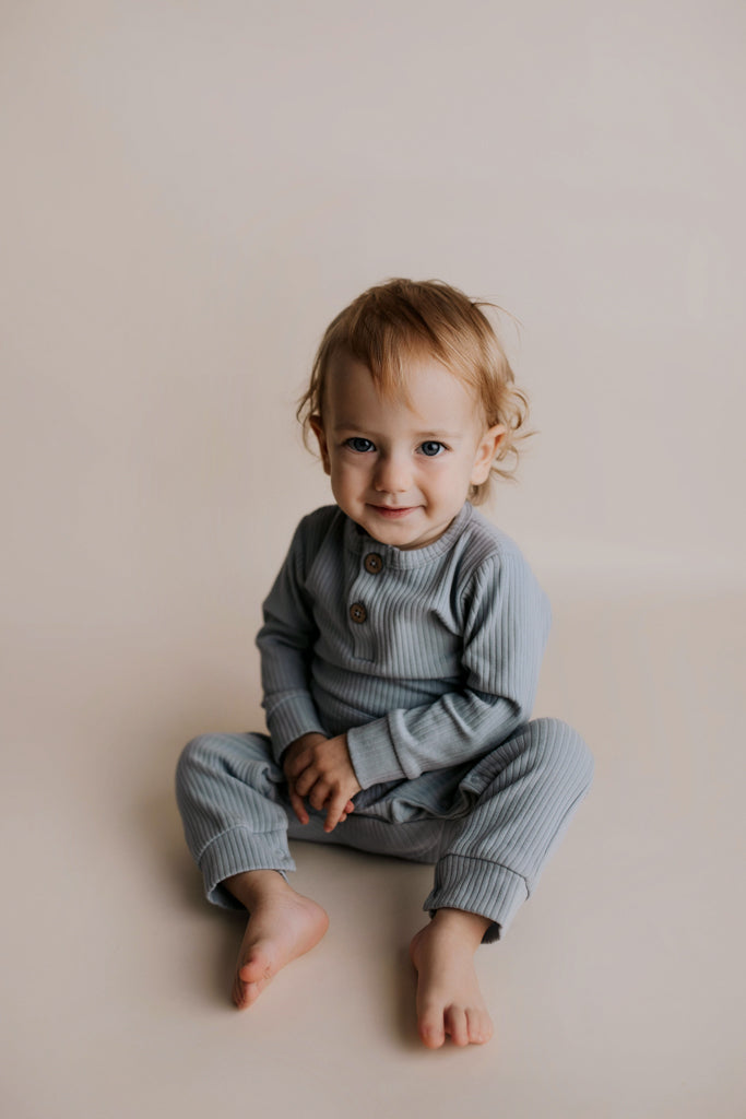 Blissful Blue Baby Ribbed Playsuit with pockets