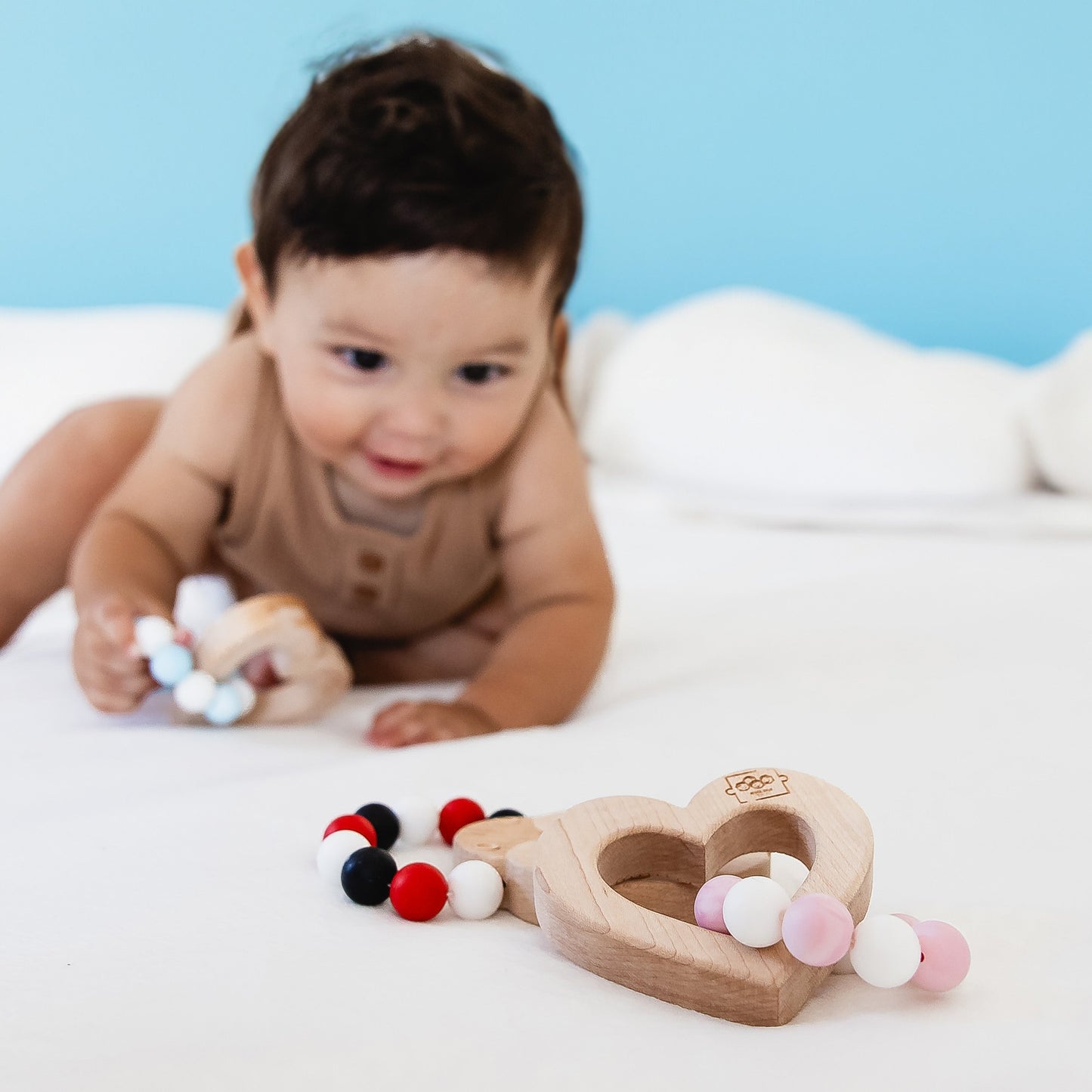 Silicone Bead Teether with Organic Cotton Bag - Heart with Pink Beads | Made in the USA 🇺🇸