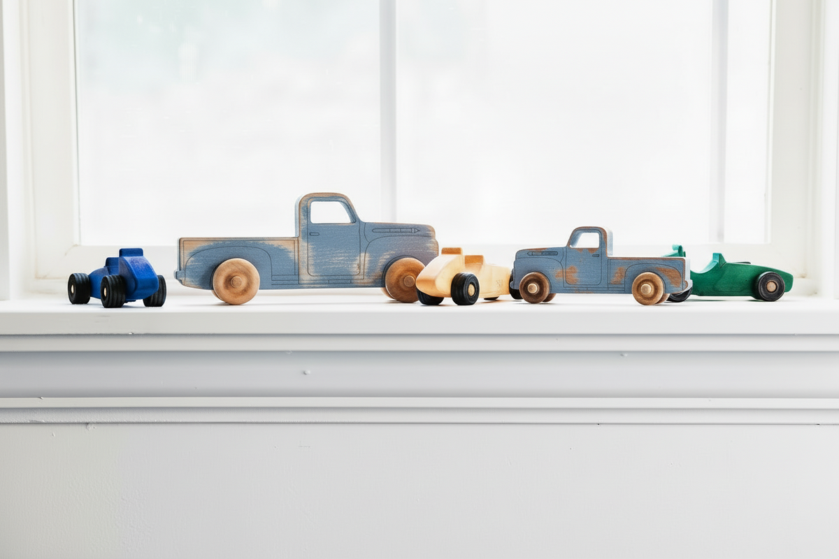 Montessori Educational 5.5" Vintage Blue Wooden Pickup Truck for Toddlers 1–3 | Eco-Friendly Maple Wood Toy | Made in the USA 🇺🇸