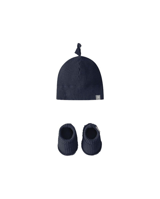 Navy Ribbed Jersey Booties and Hat Set