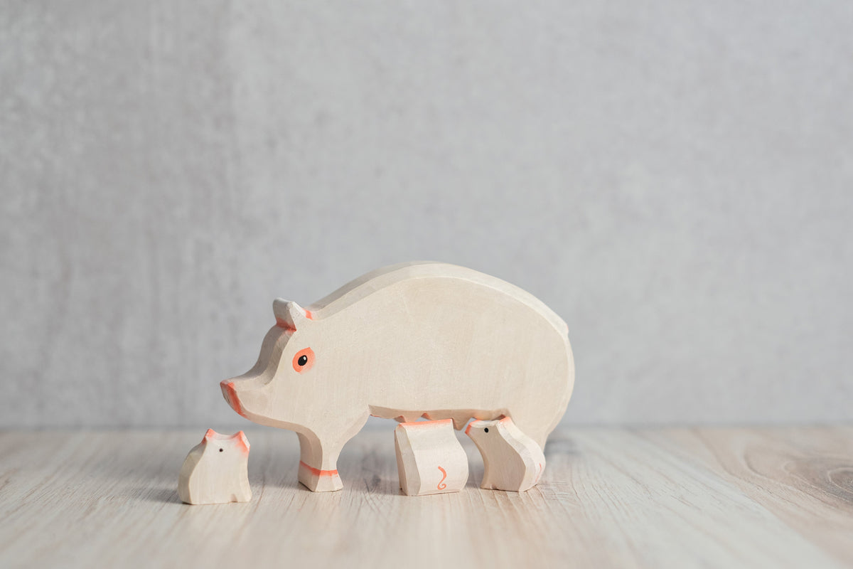 Wood Carved Pig with piglets