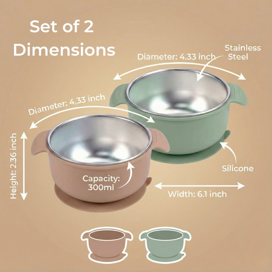 Stainless Steel Suction Bowl Set of 2 (Mocha Mousse & Sage Green)