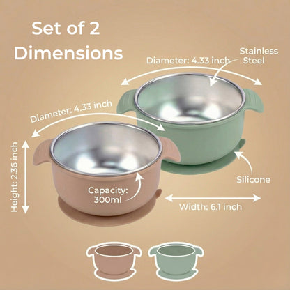 Stainless Steel Suction Bowl Set of 2 (Mocha Mousse & Sage Green)
