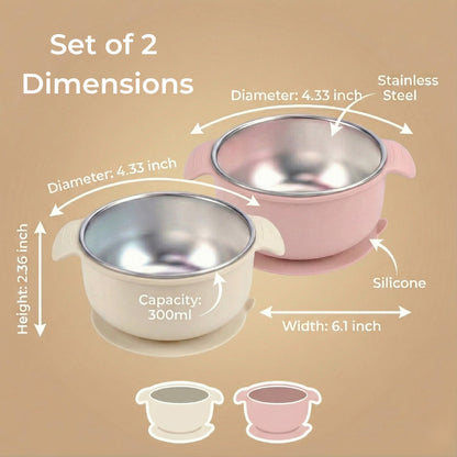 Stainless Steel Suction Bowl Set of 2 (Tofu & Pearl Blush)